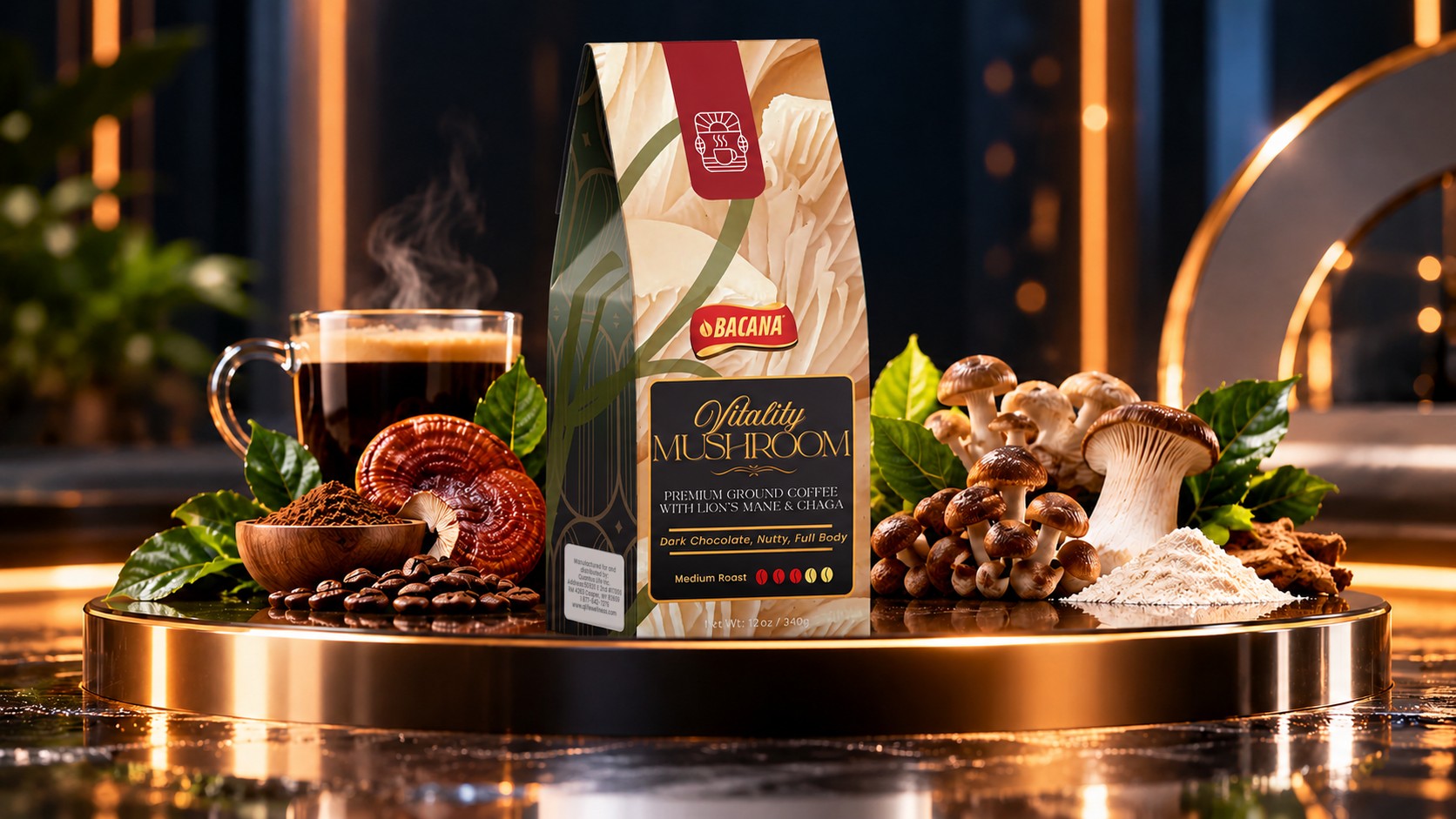 Bacana Vitality Mushroom Coffee presented with coffee and mushrooms